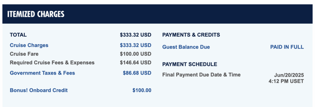 Screenshot of cruise charges